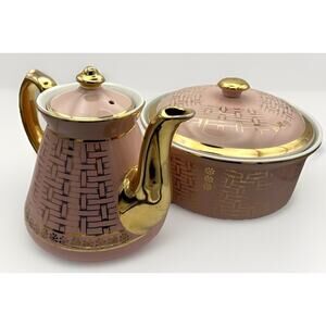 Vintage MCM STUNNING Hall TEAPOT and CASSEROLE DISH SET!-DUSTY PINK & Gold Gilt